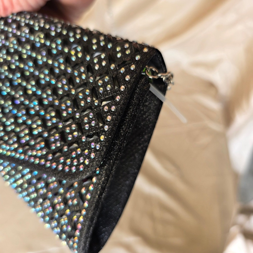 Black Iridescent Rhinestone Evening Clutch Bag with Silver Chain Strap Formal - Picture 6 of 10